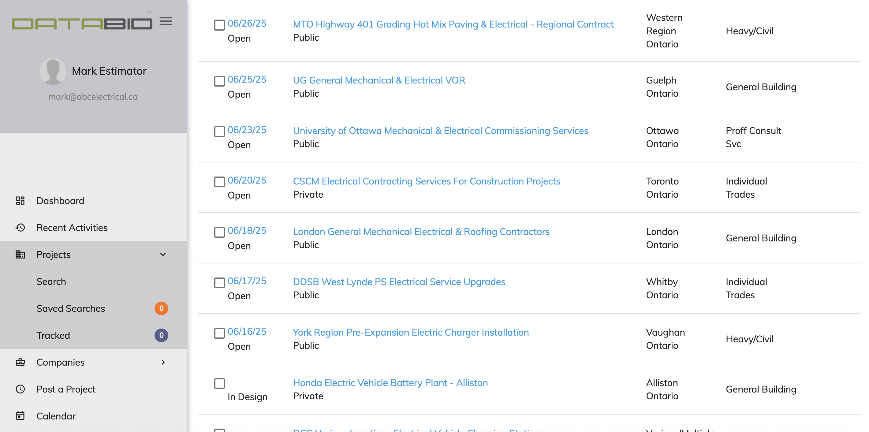 DataBid Advanced Project Search Results